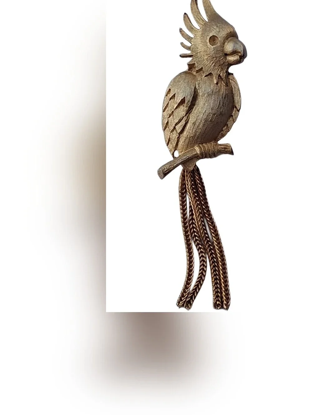 VTG JJ Signed Gold Tone Bird on Branch Brooch Pin Tassel Tail Cockatoo Parrot